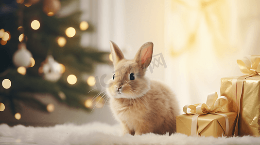 圣诞树下的可爱小兔子