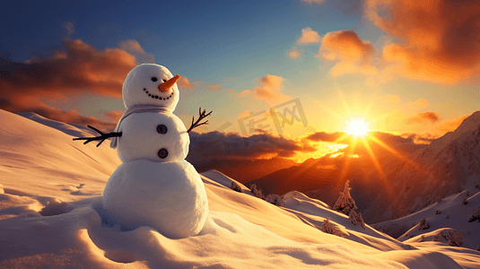 冬日暖阳下雪地中的小雪人