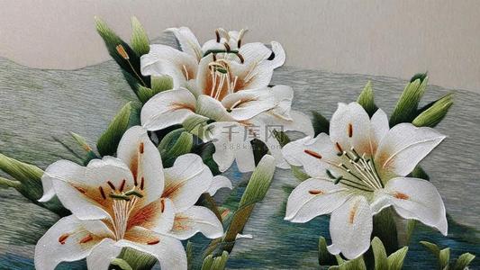 白色百合花国风刺绣苏绣花朵装饰画背景素材