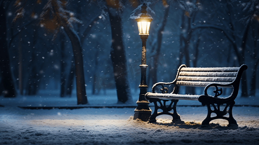 冬季夜景街道下雪路灯椅子摄影图3