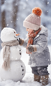 寒冷冬季堆雪人玩雪小孩摄影图