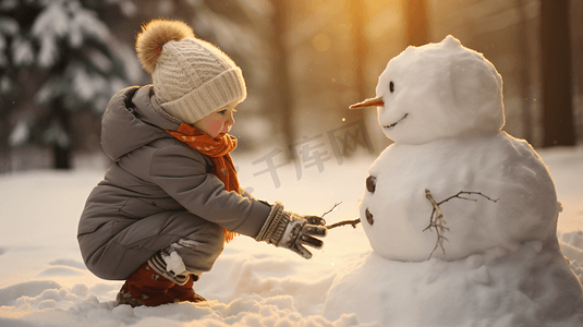 冬天小孩雪地里堆雪人摄影图4