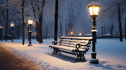 冬季夜景街道下雪路灯椅子摄影图1