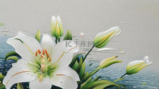 客厅墙装饰画背景图片_白色百合花国风刺绣苏绣花朵装饰画设计图