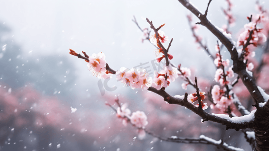 冬天下雪粉色梅花摄影图1