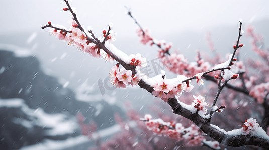 一支梅花摄影照片_冬天下雪粉色梅花摄影图3