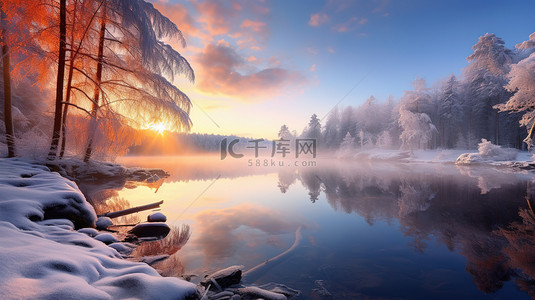 冬天的湖边日出风光17图片