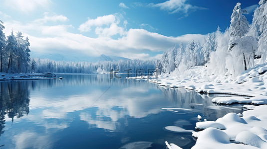 湖面上的雪景天气晴朗14素材