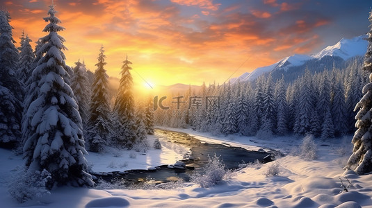 森林背景图片_冬天雪中的日出风光11设计图