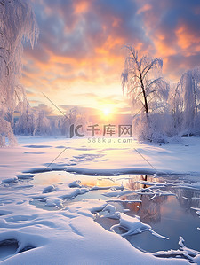 清晨阳光的冬天雪景4背景图片
