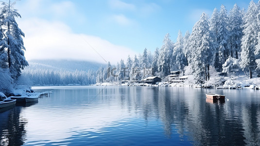 冬至背景图片_湖面上的雪景天气晴朗6背景素材