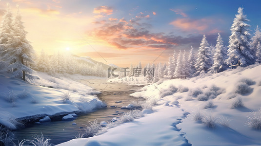 雪中森林背景图片_冬天雪中的日出风光18背景图片