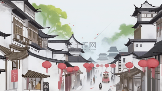 烟雨朦胧江南古镇建筑插画20背景图