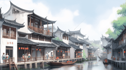 暮色烟雨背景图片_烟雨朦胧江南古镇建筑插画9设计