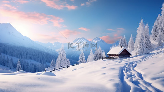 寒冷背景背景图片_雪山中的一间小屋18背景图片