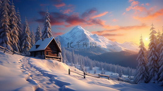 雪景设计背景图片_雪山中的一间小屋15设计