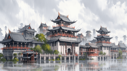 水墨画建筑背景图片_烟雨朦胧江南古镇建筑插画3设计图