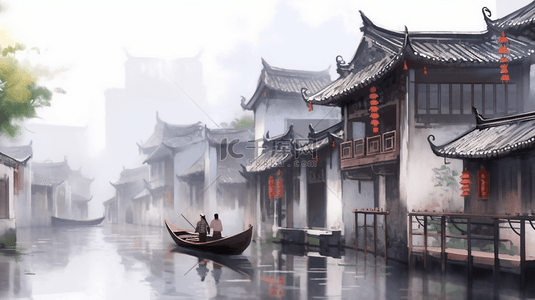 建筑背景图片_烟雨朦胧江南古镇建筑插画11背景图片