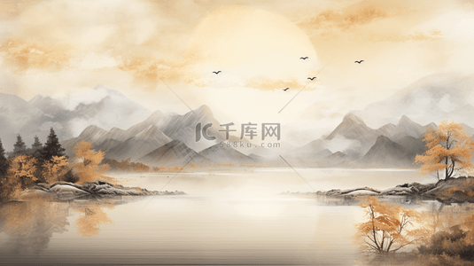 金色背景图片_金色中式国风手绘艺术山水背景(6)