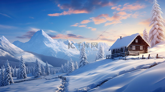 雪景设计背景图片_雪山中的一间小屋10设计