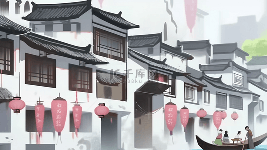 烟雨朦胧江南古镇建筑插画15背景图
