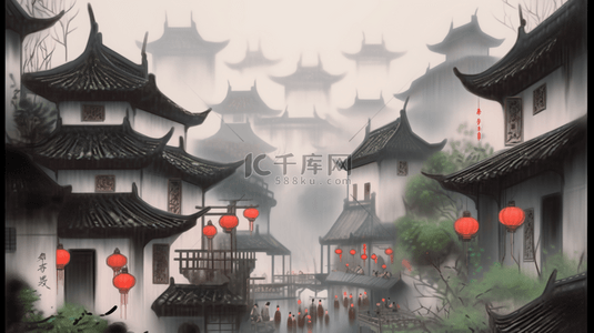 古镇背景图片_烟雨朦胧江南古镇建筑插画7图片