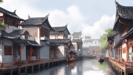 古建筑背景图片_烟雨朦胧江南古镇建筑插画22背景图