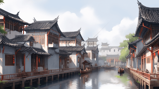 江南江南背景图片_烟雨朦胧江南古镇建筑插画22背景图