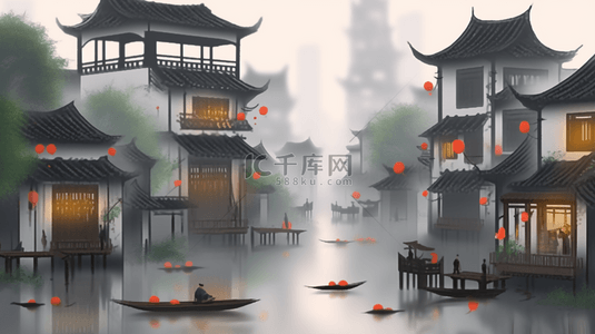 古镇背景图片_烟雨朦胧江南古镇建筑插画23背景素材