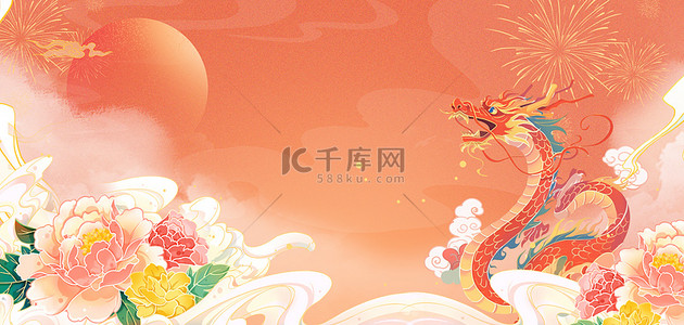 红色国潮边框背景图片_龙年春节红色国潮插画背景