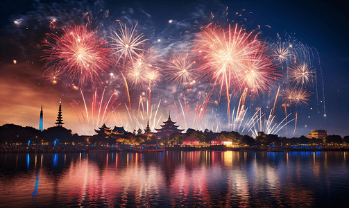 烟花照片摄影照片_彩色烟花黑夜跨年夜庆祝节日城市建筑6