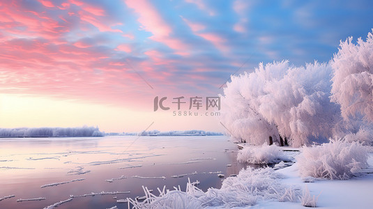 冬天的江边雪景日出美丽素材