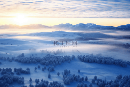 冬天松树背景图片_冬天雪景日出唯美背景摄影图