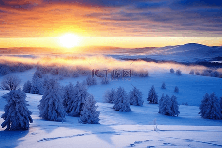 日出雪山背景图片_摄影图冬天日出雪景唯美背景