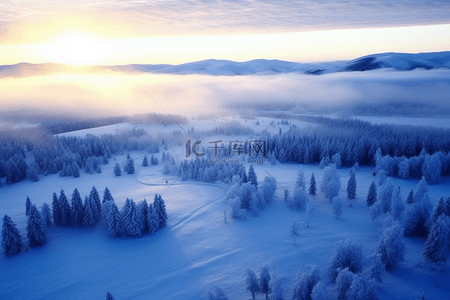 照片雪背景图片_冬天唯美日出雪景背景摄影图