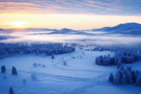 冬天日出摄影图雪景唯美背景