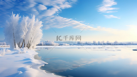 美丽素材背景图片_冬天的江边雪景日出美丽素材