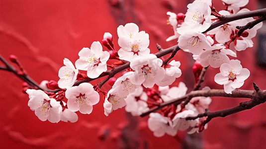 梅花剪纸和鸟摄影照片_自然景色冬天冬日植物花朵盛开的腊梅花高清图片红色背景