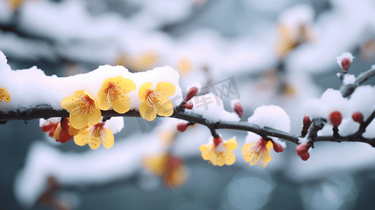 景色图片摄影照片_积雪中盛放的黄腊梅特写摄影图片花朵美景