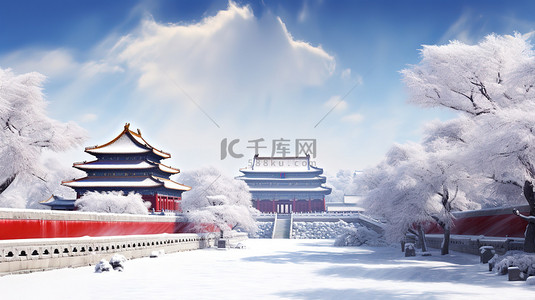 雪景设计背景图片_中国古建筑的雪景白雪设计