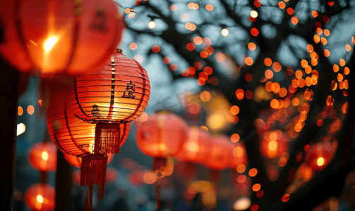 春节烫金字体摄影照片_春节喜庆氛围树枝上挂着灯笼