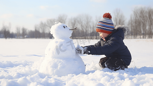 正在雪地里堆雪人的小孩