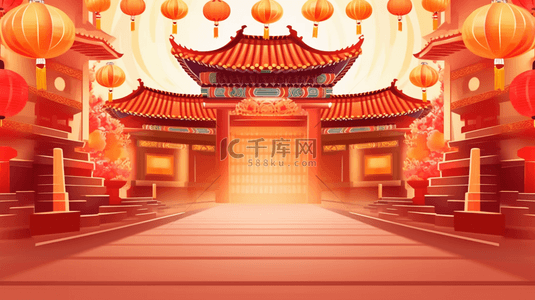 中式背景图片_红色国风中式开门红年货节门楼设计图