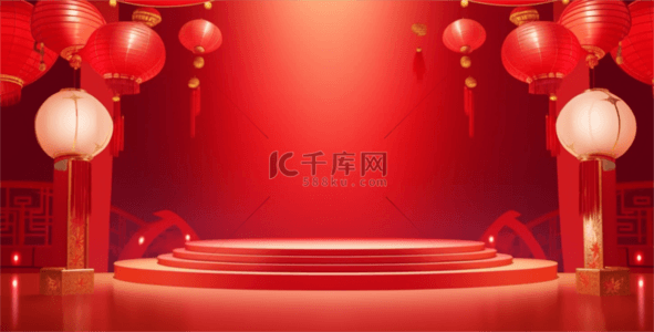 红色中式年货节灯笼展台场景设计