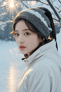阳光照射下的年轻女性雪景肖像图摄影配图