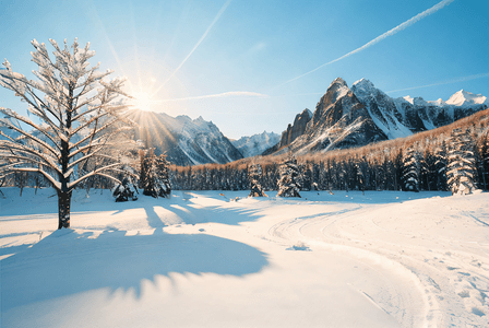 冬日阳光下的高山雪景图高清图片