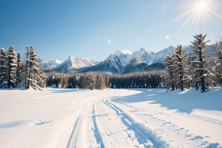 冬日暖阳照射下的雪景图高清图片