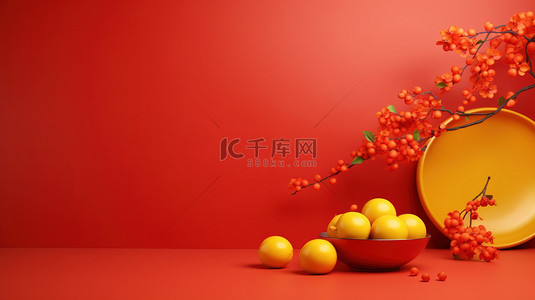 中国春节场景背景图片_新年场景3D渲染红色背景