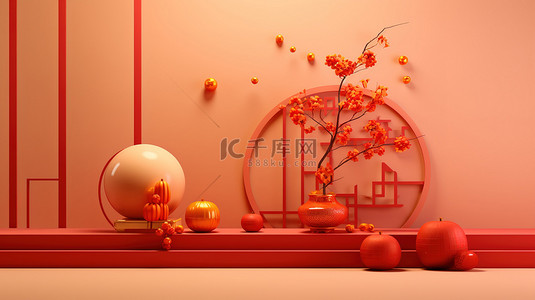 中国春节场景背景图片_新年场景3D渲染红色背景