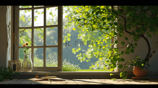 阳光背景图片_绿色花卉破旧窗台简约背景图17